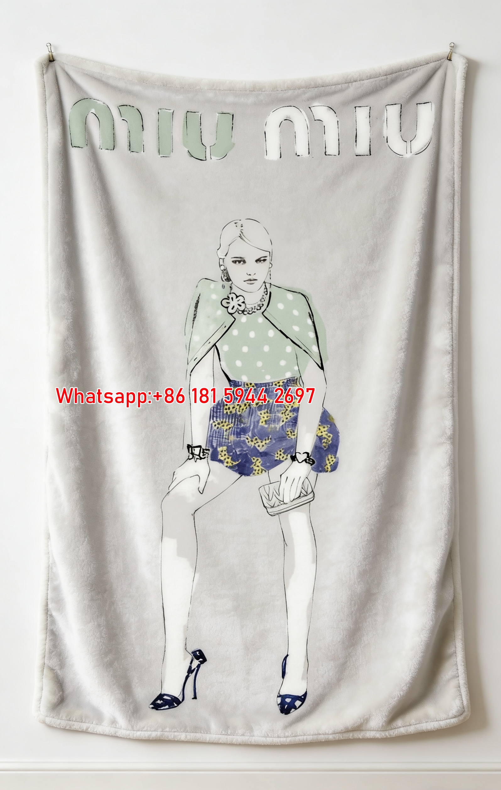 Miu Miu Mint Green & Royal Blue Fashion Sketch Print Flannel Throw Blanket IMG_0594